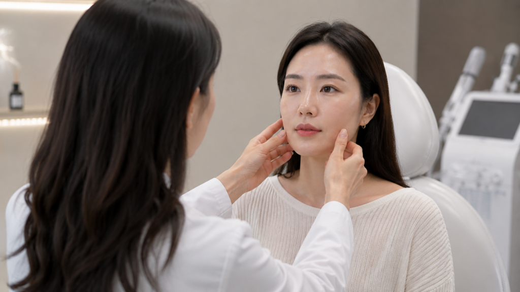 압구정 에버피부과 필러재시술 상담에서 의료진이 얼굴을 살피는 모습