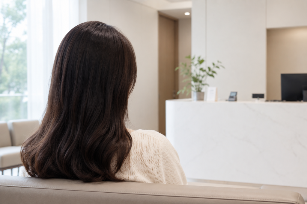 웨이브 진 긴 머리에 아이보리색 니트를 입은 여성이 가죽 소파에 앉아 흰색 접수 데스크 쪽을 향한 뒷모습이며, 데스크 위에 화분과 모니터가 놓여 있다
