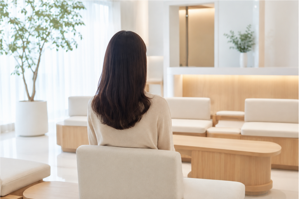아이보리색 니트를 입은 긴 머리 여성이 원목과 흰색으로 꾸며진 대기공간의 의자에 앉아 정면을 향한 뒷모습이며, 좌우로 벤치형 소파와 화분이 놓여 있다