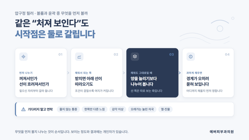 같은 처져 보인다도 꺼진 자리와 흐려진 선으로 갈린다는 점을 구분 순서로 정리한 에버피부과의원 자료 이미지