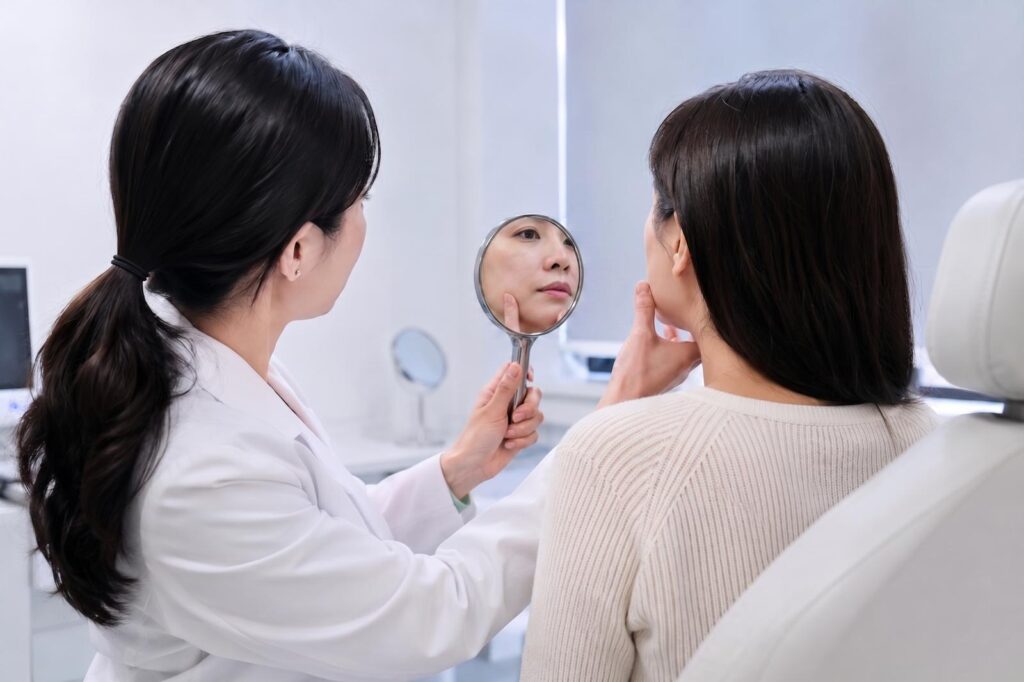 흰색 가운을 입은 의료진이 한 손으로 손거울을 들어 보이고, 니트를 입은 여성이 손끝을 턱선에 댄 채 거울에 비친 자기 얼굴을 보고 있는 뒷모습 구도이다