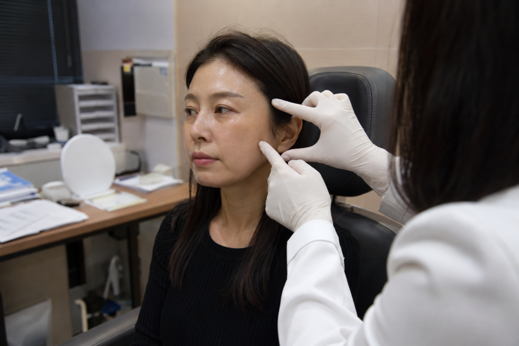 검은색 상의를 입은 여성이 진료용 의자에 앉아 있고, 흰색 가운에 흰 장갑을 낀 손이 여성의 관자놀이와 광대 부위를 손끝으로 짚고 있다