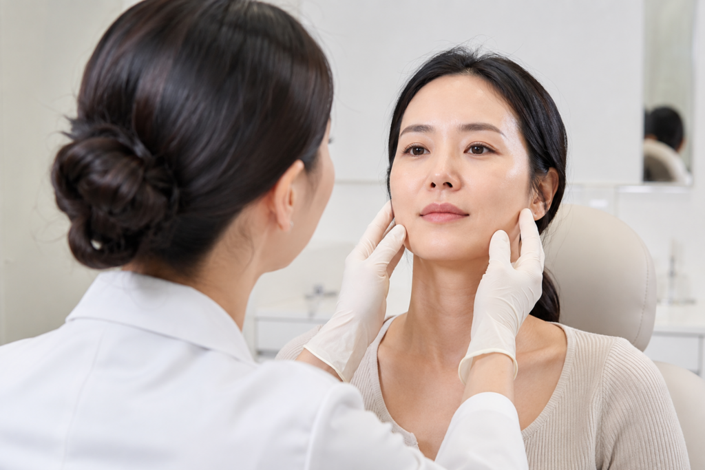 흰 장갑을 낀 양손이 베이지색 니트를 입은 여성의 양쪽 턱선과 볼을 감싸듯 짚고 있으며, 여성은 정면을 바라보며 앉아 있다