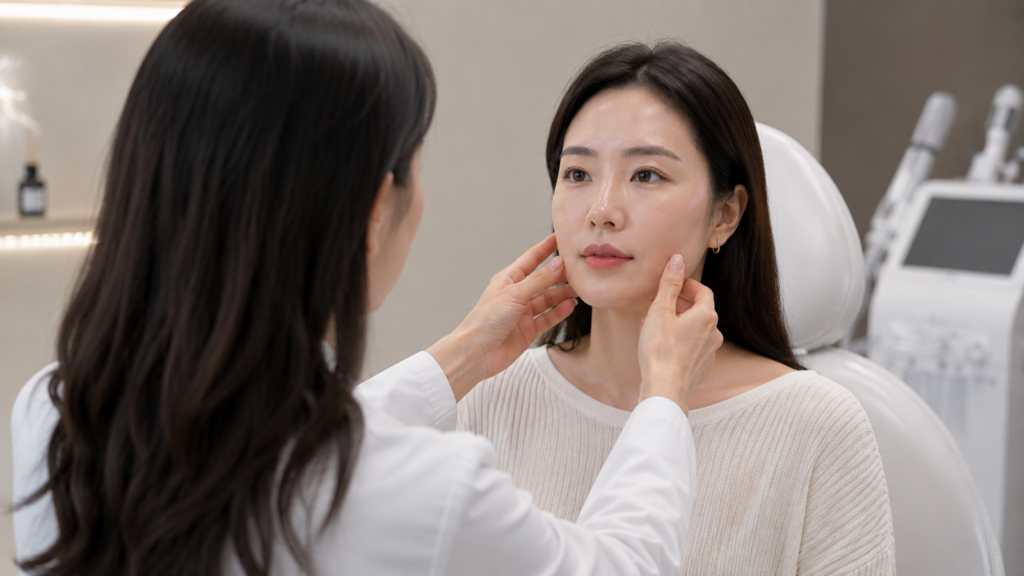 흰색 가운을 입은 의료진이 양손 손끝으로 아이보리 니트를 입은 여성의 양쪽 볼을 짚고 있고, 오른쪽 뒤편에 흰색 시술용 장비와 진료 의자가 놓여 있다